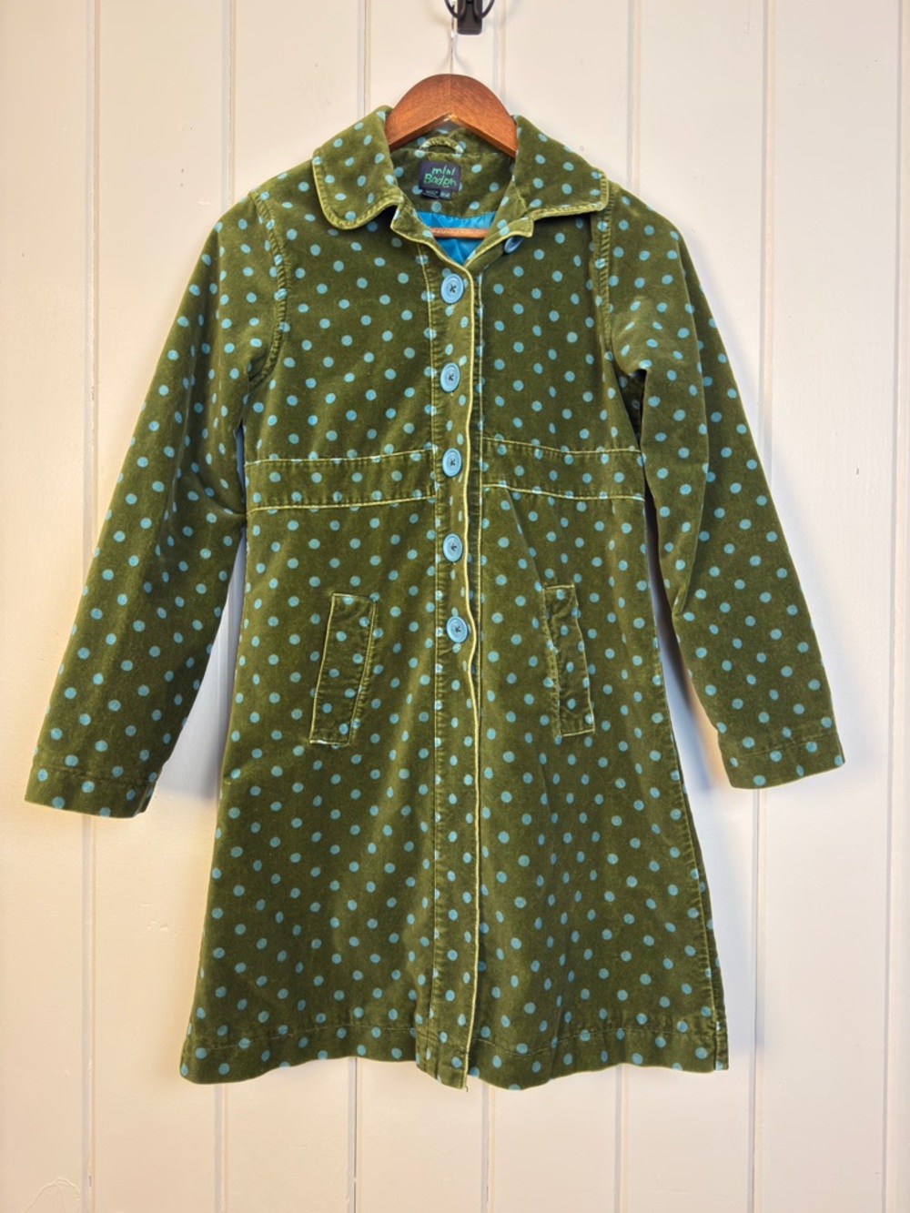 Mini Boden green with blue polka dots velvet pea coat Trench coat 13/14